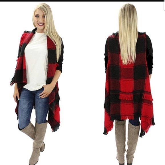 Jackets & Blazers - Red Plaid Vest with Fringe